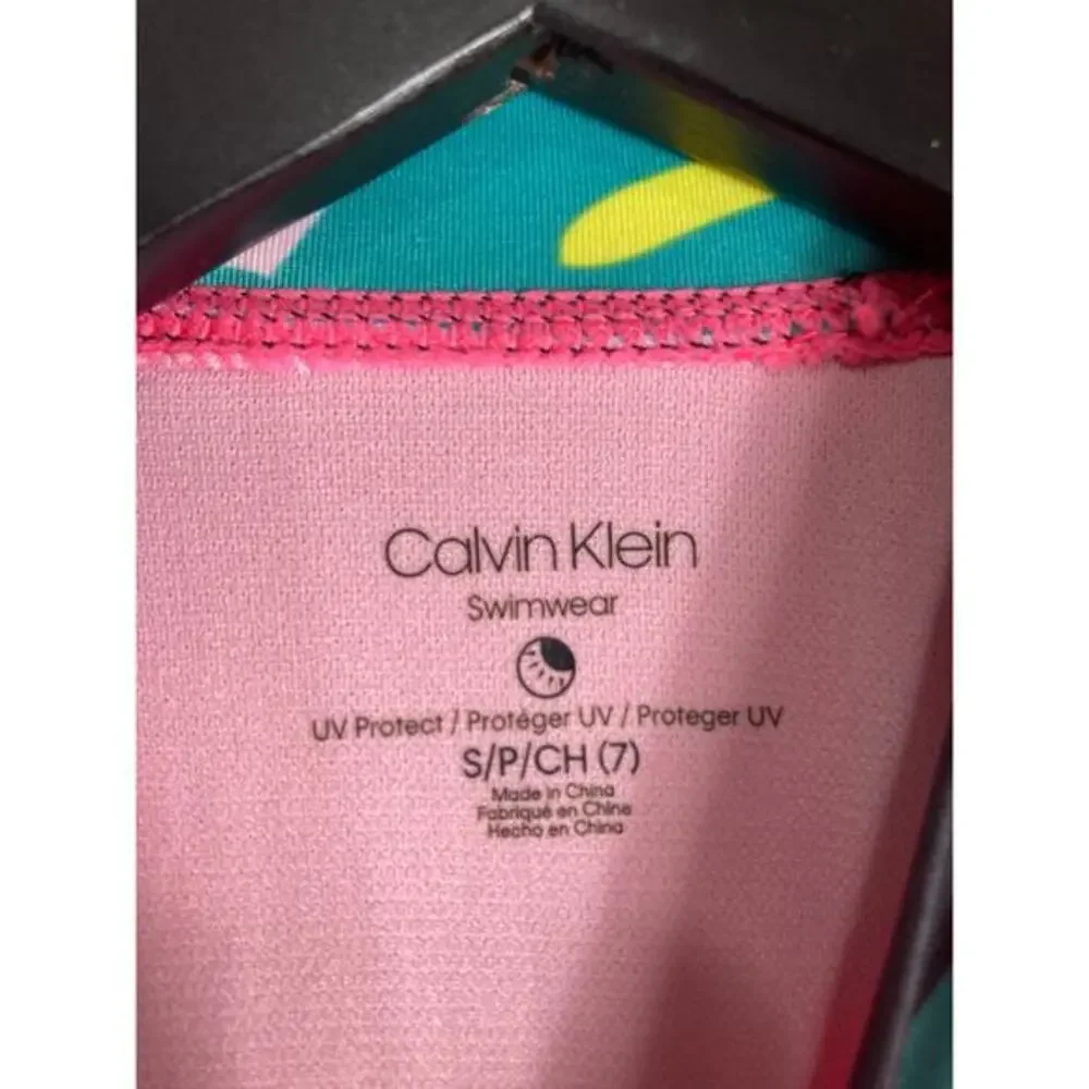 Calvin Klein Girls Rash Guard Swim Top S Pink Long Sleeve UV Protection 7 Beach